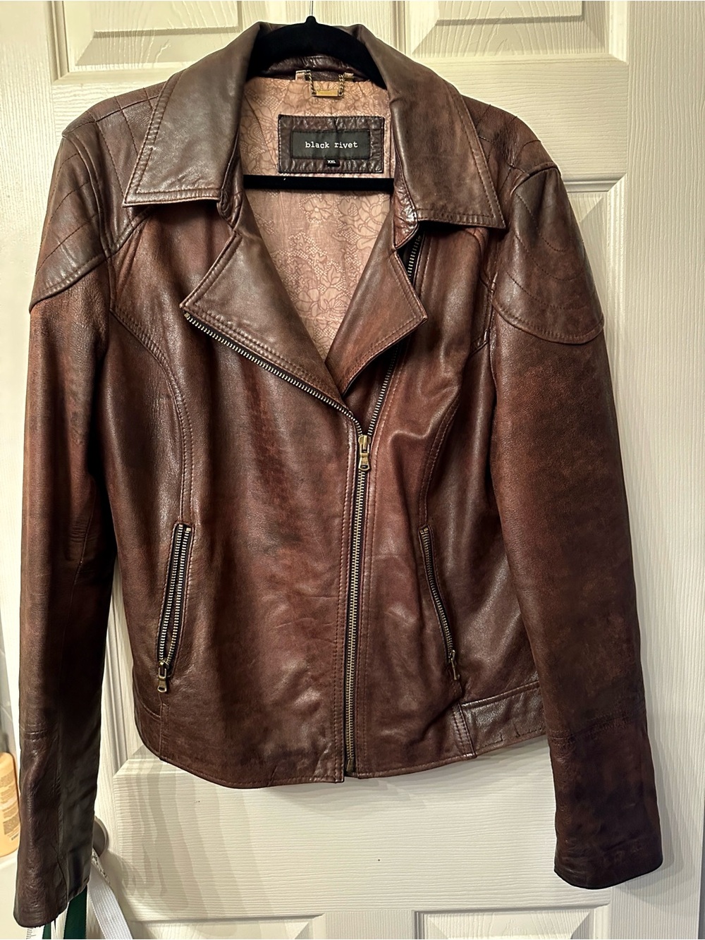 Black Rivet Wilsons Leather Distressed Moto Biker Jacket Brown XXL Quilted